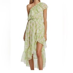 MISA Los Angeles Midi Dress Rumi Blossom Printed Chiffon One Shoulder Size SMALL